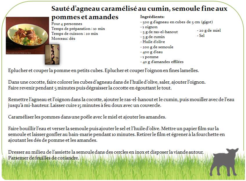 sauté d'agneau caramélisé au cumin, semoule fine aux pommes et amandes1